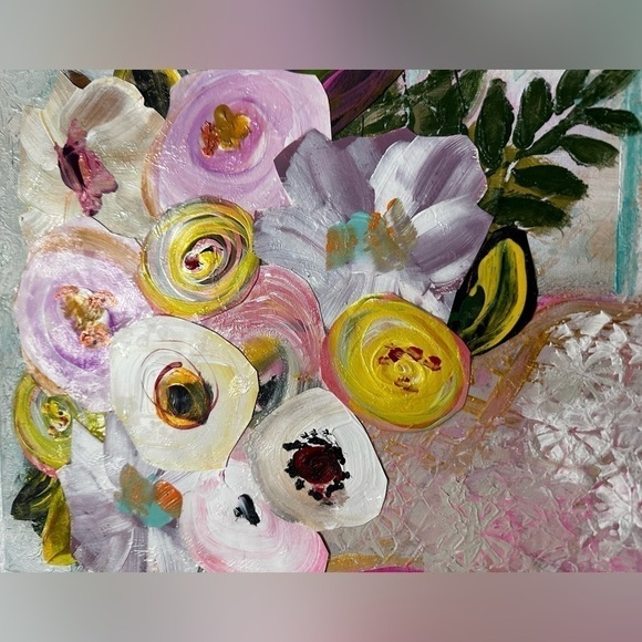 Original Art Painting Mixed Media Acrylic Collage on Canvas 12x16 Pink Floral - Picture 4 of 12